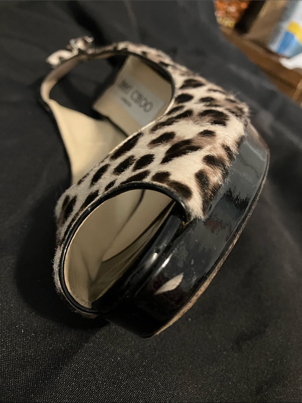Jimmy Choo Leopard Print Calf Hair Real Fur Nova Peep-Toe Slingback Heels - Picture 10 of 10